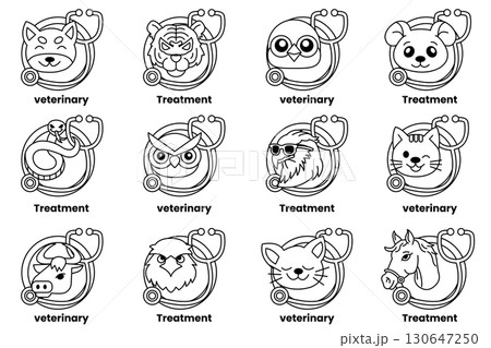 A set of twelve animal faces with a stethoscope on them A set of twelve animal faces with a stethoscope on them 130647250