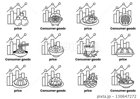 A set of images of food and consumer goods with price graphs 130647272