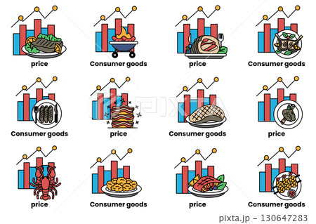 The image is a collection of different food items, each with a price tag The image is a collection of different food items, each with a price tag 130647283