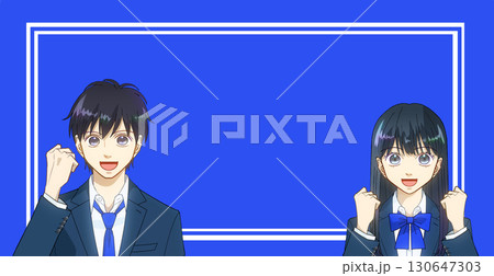 高校生または中学生の男女のアニメ風イラスト、スクールテイスト、カラー背景、コピースペースあり 高校生または中学生の男女のアニメ風イラスト、スクールテイスト、カラー背景、コピースペースあり 130647303