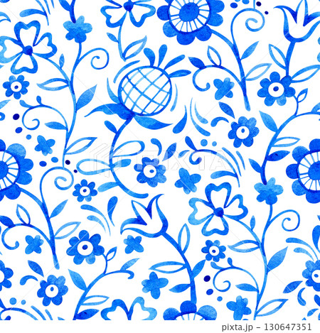 seamless watercolor pattern with abstract flowers in folk style. blue ornaments seamless watercolor pattern with abstract flowers in folk style. blue ornaments 130647351