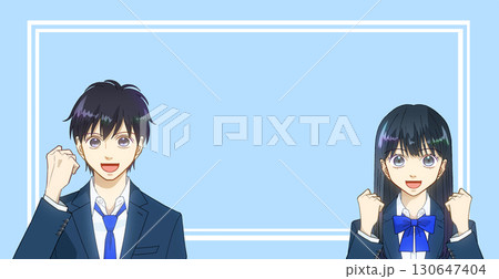 高校生または中学生の男女のアニメ風イラスト、スクールテイスト、カラー背景、コピースペースあり 高校生または中学生の男女のアニメ風イラスト、スクールテイスト、カラー背景、コピースペースあり 130647404