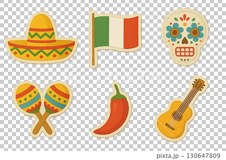 Day of the dead icon set with sombrero, flag, and skull on transparent background Day of the dead icon set with sombrero, flag, and skull on transparent background 130647809