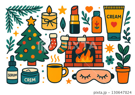 Christmas-themed illustration featuring fireplace, tree, and festive elements. Isolated on transparent background 130647824