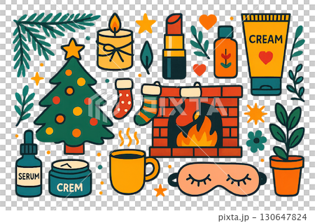 Christmas-themed illustration featuring fireplace, tree, and festive elements. Isolated on transparent background 130647824