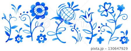 set of watercolor ornaments with abstract flowers in folk style. blue 130647929