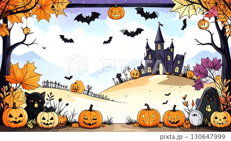 かぼちゃとゴースト、コウモリが舞うハロウィンのお化け城 130647999