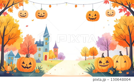カラフルなハロウィン風景とパンプキンと秋の木々 130648004