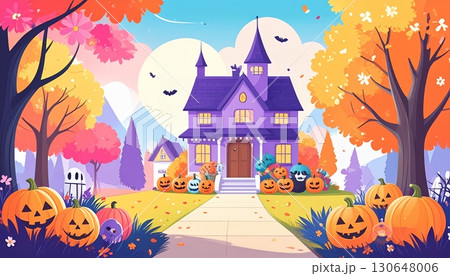 ハロウィンの紫の家とカラフルな秋の木々とかぼちゃ 130648006