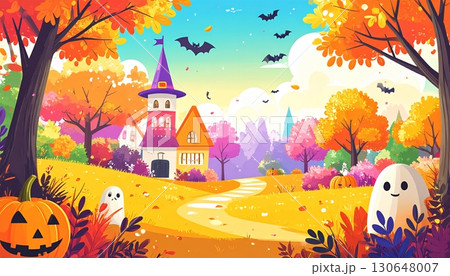 カラフルなハロウィンの家とゴーストと秋の木々 130648007