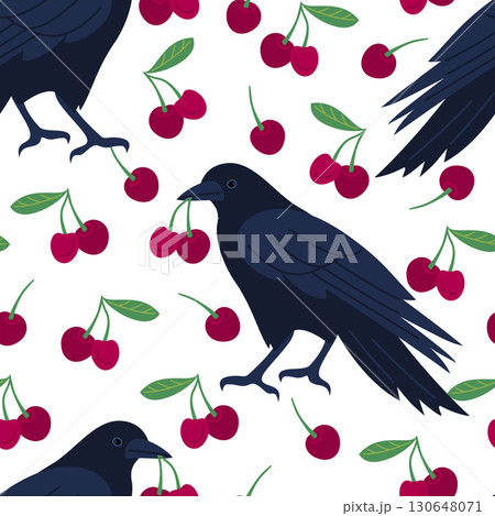 Vector seamless pattern with crows and cherries 130648071