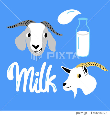 Vector set of illustrations with goat heads and milk 130648072