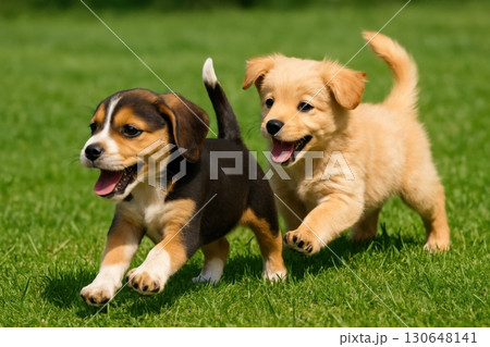 Two playful puppies run through the green grass on a sunny day at a local park enjoying their time together and exploring their surroundings 130648141