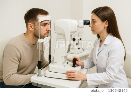 Eye examination taking place in a clinical setting with a patient and an optometrist 130648143