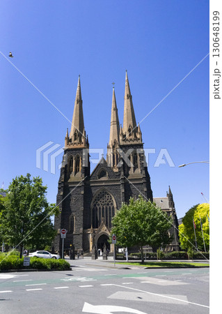 Melbourne, Australia - December 29,2023 : Historical St. Patrick's Cathedral with blue sky in Melbourne, Australia on December 29,2023. Melbourne, Australia - December 29,2023 : Historical St. Patrick's Cathedral with blue sky in Melbourne, Australia on December 29,2023. 130648199