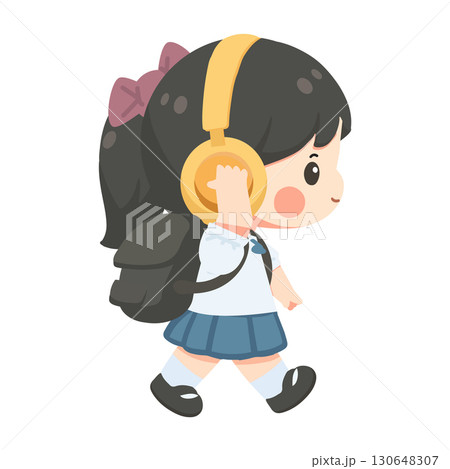 Cartoon Schoolgirl Walking with Headphones Cartoon Schoolgirl Walking with Headphones 130648307