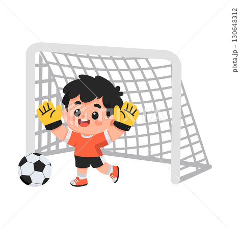 Cartoon Goalie with Ball and Goal 130648312
