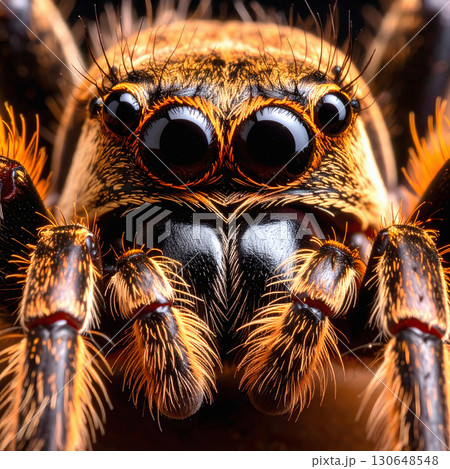 Tarantula macro portrait showing eyes and hairy orange legs 130648548