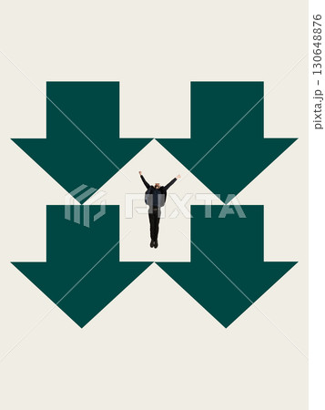 Contemporary artwork. Businessman raising arms inside four green arrows pointing down Contemporary artwork. Businessman raising arms inside four green arrows pointing down 130648876