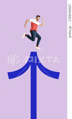 Colorful collage. Man jumping on blue upward arrow with victorious expression Colorful collage. Man jumping on blue upward arrow with victorious expression 130648887