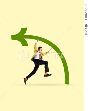 Contemporary collage. Businessman hanging on green arrow curve with anxious emotion 130648892