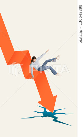 Creative digital artwork. Woman falling down orange arrow with shocked expression 130648899
