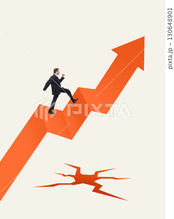 Surreal collage art. Businessman climbing upward arrow with determined focus Surreal collage art. Businessman climbing upward arrow with determined focus 130648901