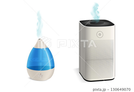 A set of realistic air humidifiers. Minimalistic devices for comfortable rest in a modern interior. 130649070