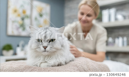 A fluffy white cat relaxes on a cozy surface as a pet spa expert provides soothing treatment 130649246