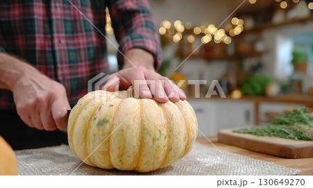 A person skillfully cuts a pumpkin on a wooden table, showcasing seasonal cooking in a warm kitchen space 130649270