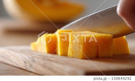 A hand skillfully cuts raw pumpkin into cubes on a wooden cutting board in a well-lit kitchen area 130649292