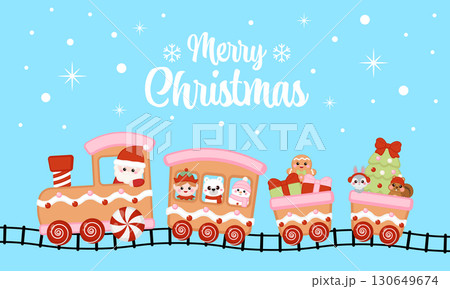 Cute Christmas train Santa Claus and friends greeting banner 130649674
