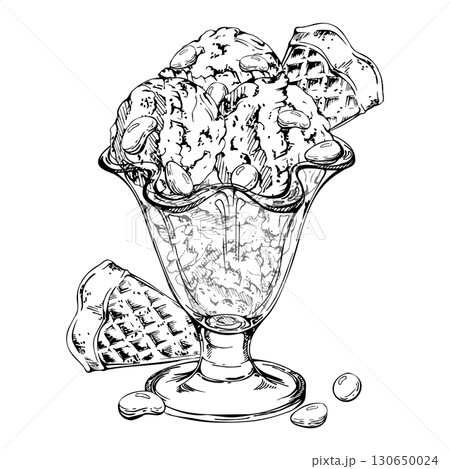 Sorbet gelato in wide glass dessert bowl, glossy candy bonbon dragees, waffle slice topping. Vector graphic illustration hand drawn in pen and ink. Ice cream flavors card, product label, snack design 130650024