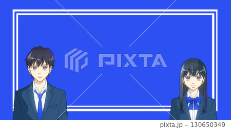 高校生または中学生の男女のアニメ風イラスト、スクールテイスト、カラー背景、コピースペースあり 高校生または中学生の男女のアニメ風イラスト、スクールテイスト、カラー背景、コピースペースあり 130650349