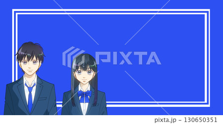 高校生または中学生の男女のアニメ風イラスト、スクールテイスト、カラー背景、コピースペースあり 130650351