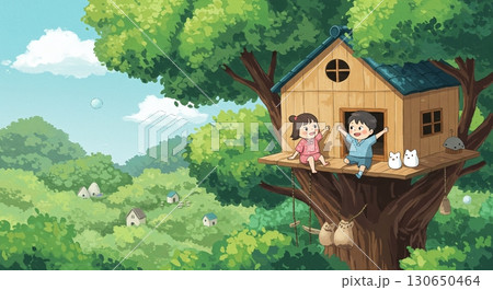 最高の冒険！ポップアート風のツリーハウスと子供 130650464