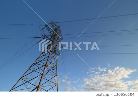 Power Lines Stretching Across a Beautiful Colorful Sky Teeming with Birds in Flight 130650504