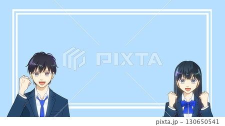 高校生または中学生の男女のアニメ風イラスト、スクールテイスト、カラー背景、コピースペースあり 130650541