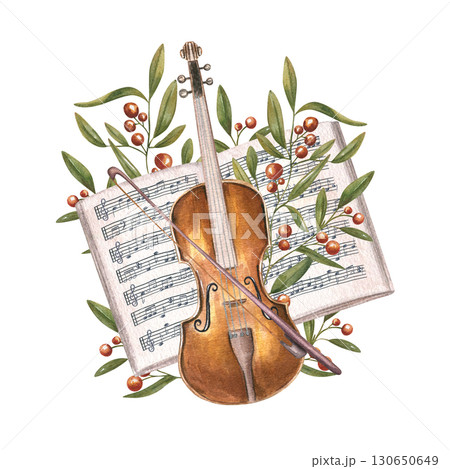 Violin with bow, open music notebook and herbaceous plant with red berries watercolor illustration on isolated background. String instrument on musical paper with note stave among autumn herbs. Violin with bow, open music notebook and herbaceous plant with red berries watercolor illustration on isolated background. String instrument on musical paper with note stave among autumn herbs. 130650649