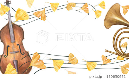 Double bass, French horn, and golden ginkgo flying on musical staff horizontal rectangle frame with copy space for text. Woodwind and string instruments watercolor illustration on isolated background 130650651