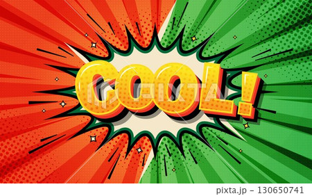 Retro superhero comic book background in pop art style with rays on a red and green background, text "cool", and an explosive speech bubble. Retro superhero comic book background in pop art style with rays on a red and green background, text "cool", and an explosive speech bubble. 130650741