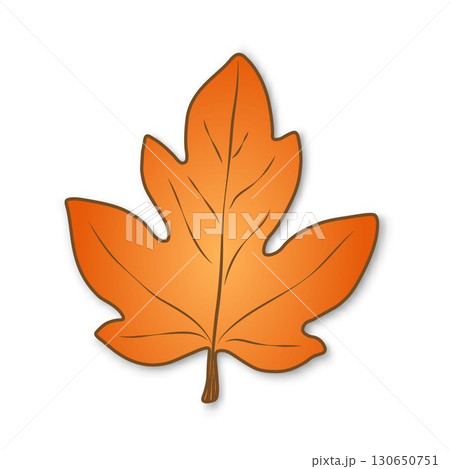 A yellow-orange, fallen autumn leaf with streaks highlighted on a beige background. A yellow-orange, fallen autumn leaf with streaks highlighted on a beige background. 130650751