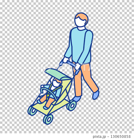 一名男子在嬰兒車中撫養嬰兒的等距插圖 130650858