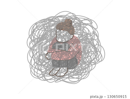 体育座りで落ち込んでいる女性のイラスト素材 130650915