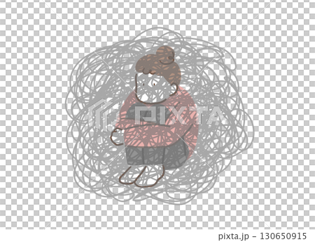 体育座りで落ち込んでいる女性のイラスト素材 130650915