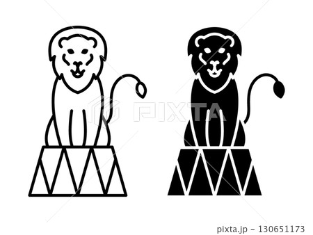 Linear icon. Trained lion sits on circus pedestal stand and waiting for handler command. Simple black and white vector isolated on white background Linear icon. Trained lion sits on circus pedestal stand and waiting for handler command. Simple black and white vector isolated on white background 130651173