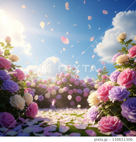 青い空にピンクや紫の色の花びらが舞い散る美しい幻想的なローズガーデン 130651306
