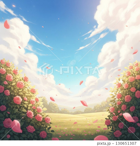 青い空にピンクや紫の色の花びらが舞い散る美しい幻想的なローズガーデン 130651307