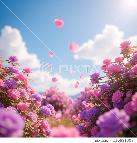 青い空にピンクや紫の色の花びらが舞い散る美しい幻想的なローズガーデン 130651308