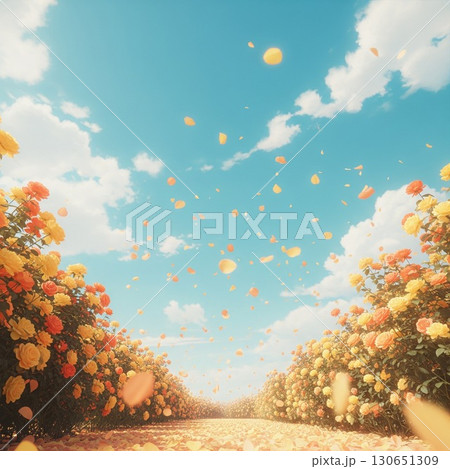 青い空にピンクや紫の色の花びらが舞い散る美しい幻想的なローズガーデン 130651309